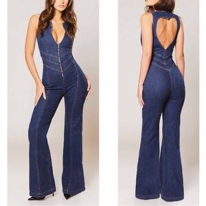 Revice Los Angeles Hollywood heartthrob denim flare leg heart back jumpsuit